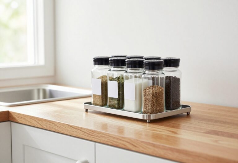 Modern kitchen countertop with a sleek metal spice carousel holding clear glass jars, natural light, clean white backsplash.