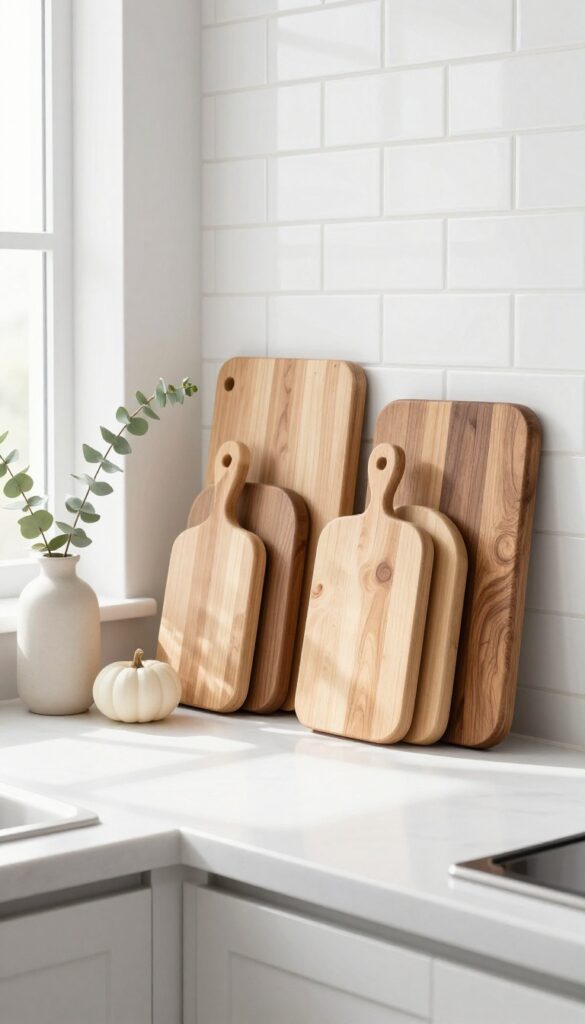 Wooden cutting boards displayed on a kitchen counter against a white backsplash, with dried eucalyptus and a mini pumpkin for fall.