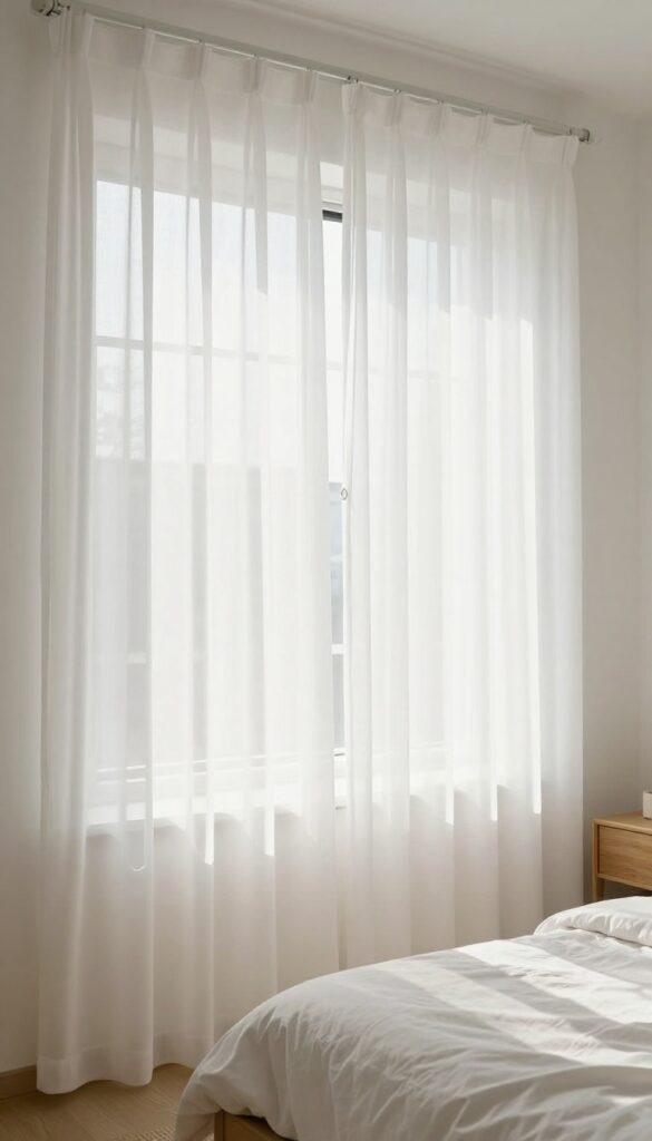 Tiny bedroom with floor-to-ceiling sheer white curtains, bright natural light, minimalist decor