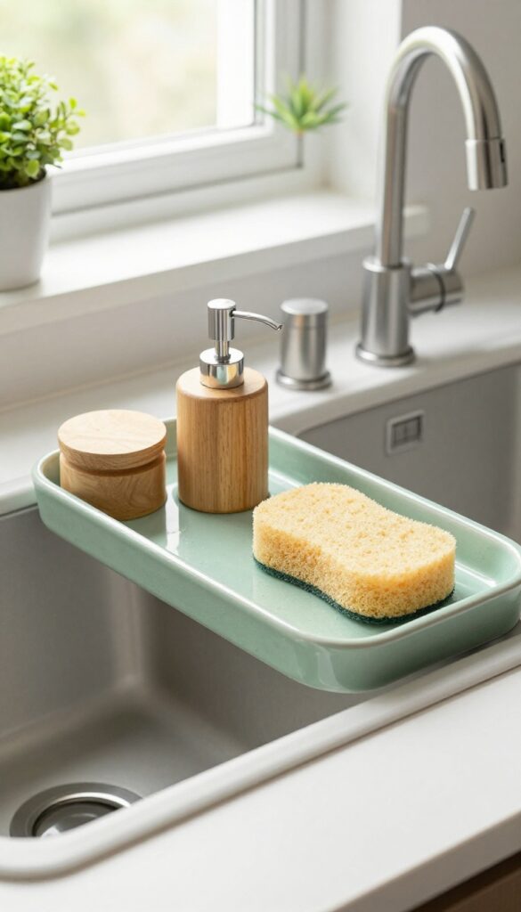 Stoneware tray with integrated sponge holder beside a kitchen sink, with a wooden soap pump and a small plant on the windowsill.