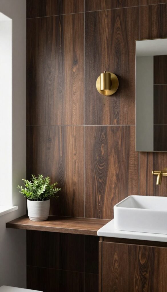 A shower with dark walnut wood-look tiles creating dramatic contrast in a bright bathroom with brushed brass fixtures and soft lighting.