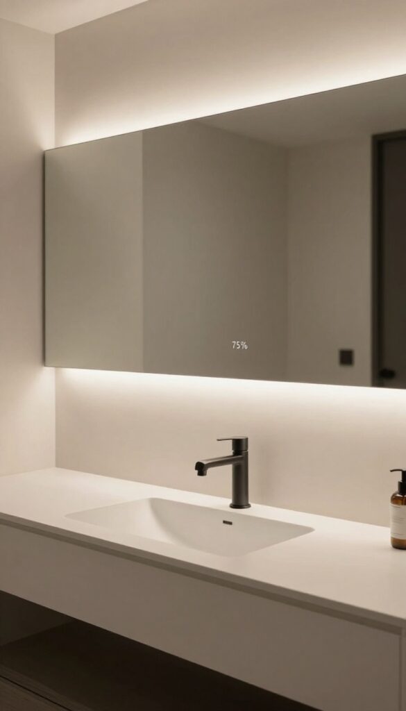 A modern bathroom vanity with a horizontal light bar above a minimalist mirror in bright natural light.