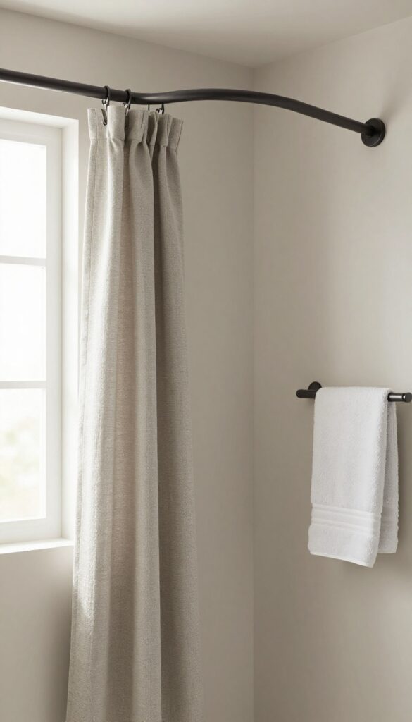 A bathroom featuring a curved shower rod that pushes the curtain outward for more space, with natural light and neutral decor elements like towels on hooks.