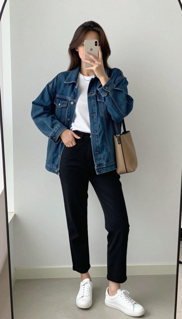 Woman wearing a white basic tee, straight-leg black pants, and a medium-wash denim jacket, with white sneakers and minimal accessories, taking a mirror selfie in a bright room.