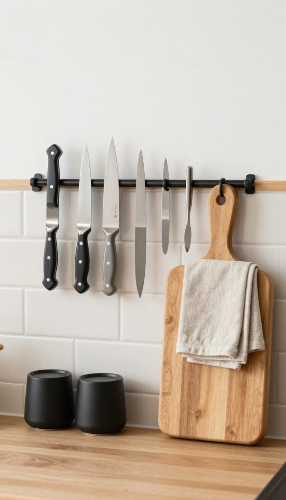 A magnetic strip on a kitchen backsplash holding knives and spice jars, with a wooden cutting board and linen towel nearby.