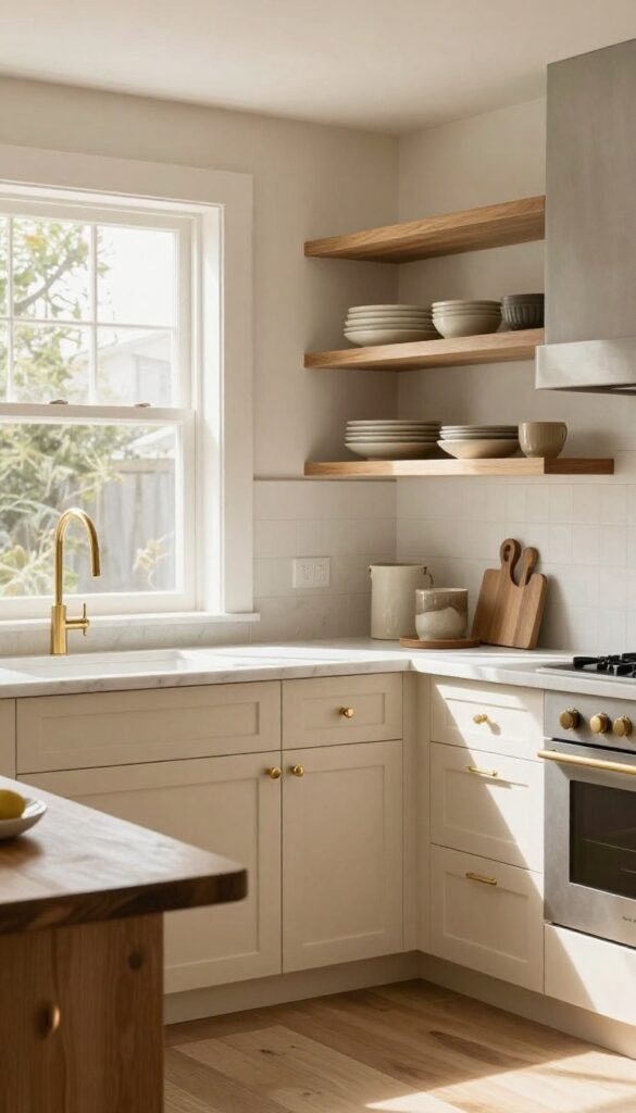 Bright kitchen with creamy beige cabinets, wood island, marble countertops, and brass hardware.