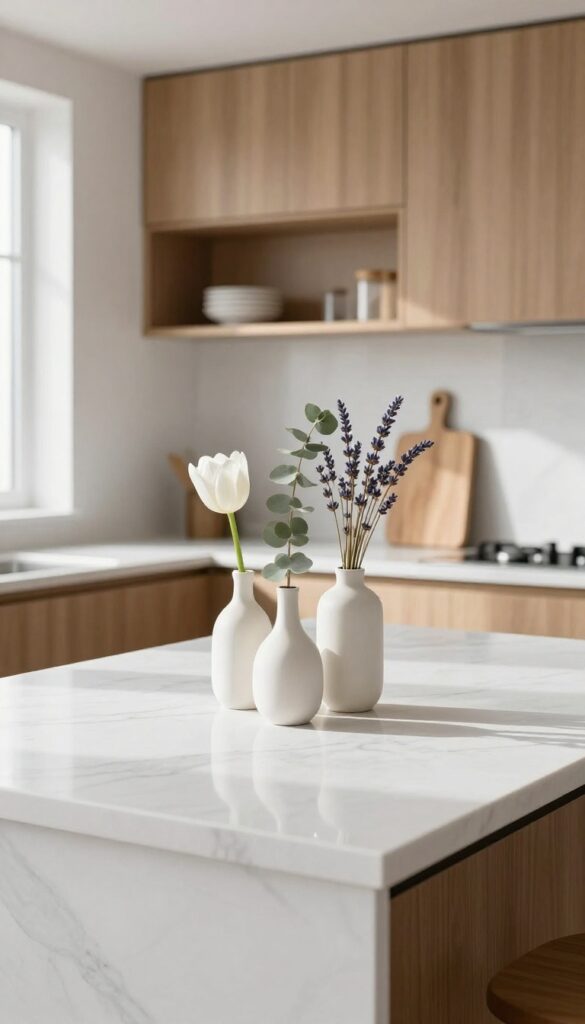 Low cluster of bud vases on kitchen island