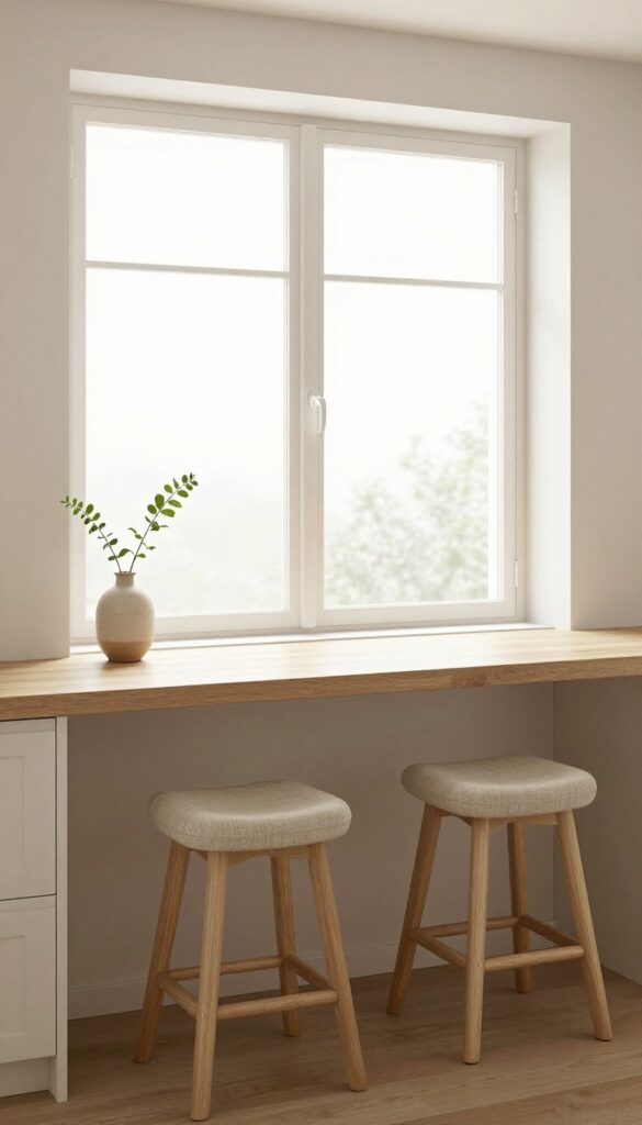 Minimalist breakfast bar in a bay window with two stools and a vase
