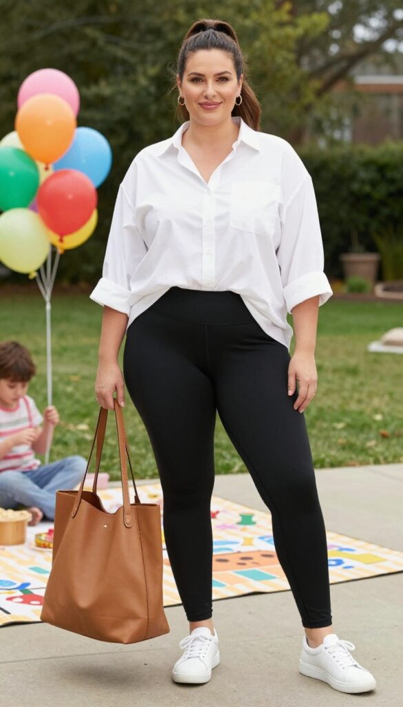 Plus-size woman in black leggings and oversized white button-down shirt at a kids' birthday party