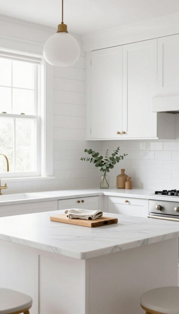 All-white kitchen with shiplap walls, subway tile, wood accents, and eucalyptus in a vase.
