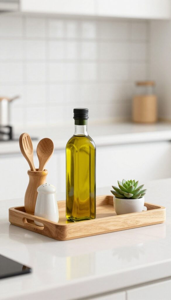 A wooden tray on a kitchen counter neatly organizing olive oil, salt and pepper shakers, utensils, and a small plant.
