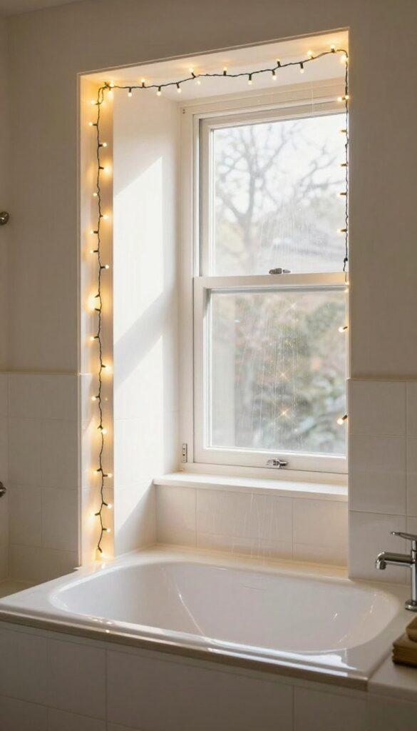 Bathroom window framed with warm white string lights creating a cozy evening glow