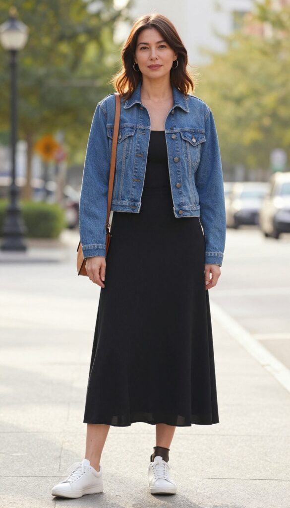 A woman wearing a long black skirt with a blue denim jacket, styled for a summer casual outfit with sneakers and a crossbody bag, in an urban setting.