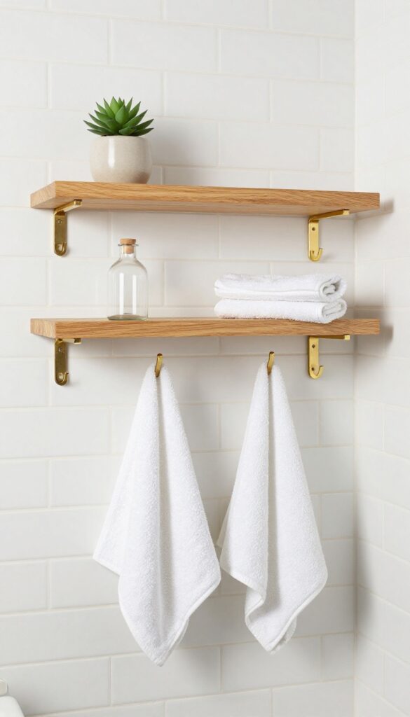 Floating shelves with hooks above shower holding towels and toiletries