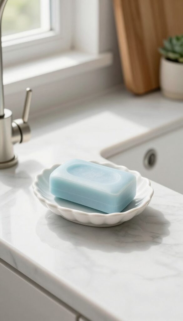 White scalloped ceramic shell-shaped soap dish with soap bar on marble countertop by a brass faucet