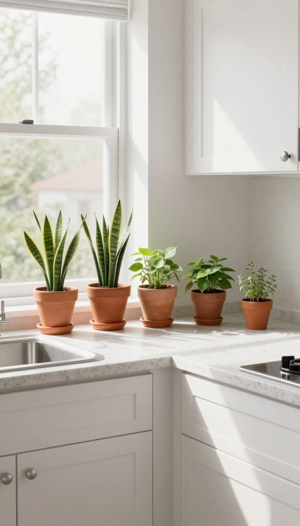 Modern kitchen with low-maintenance plants on windowsill
