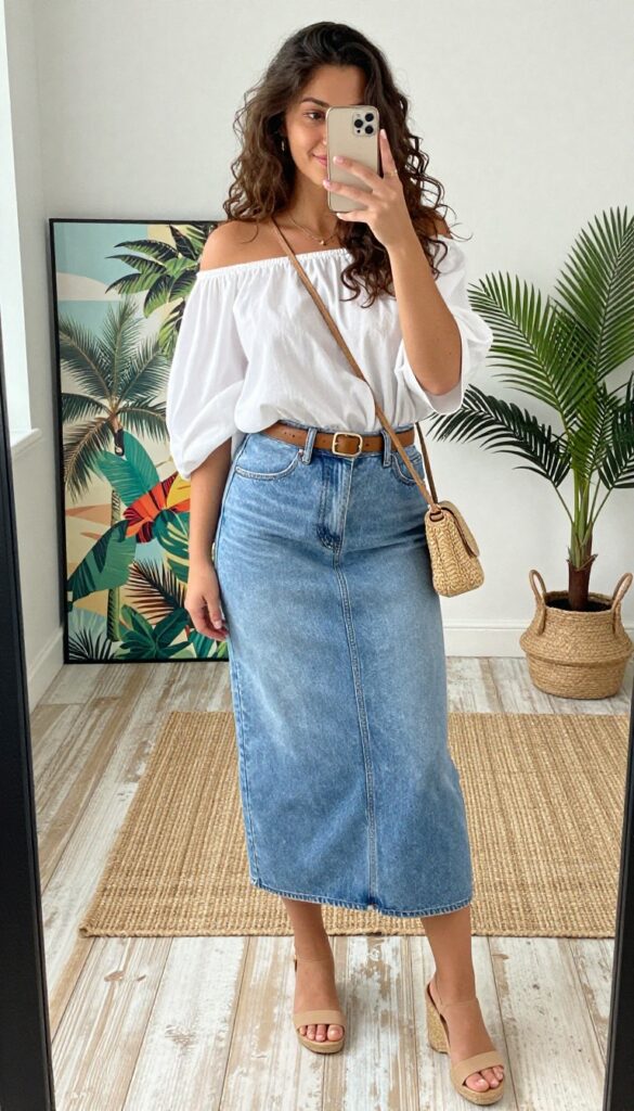 Woman in denim skirt and off-shoulder top taking mirror selfie, beach vacation outfit inspiration.