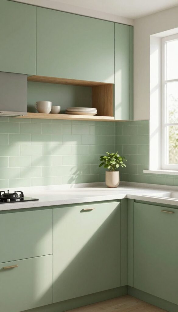 A cozy kitchen with a sage green subway tile backsplash, white countertops, and open shelving with ceramic dishes and a plant.