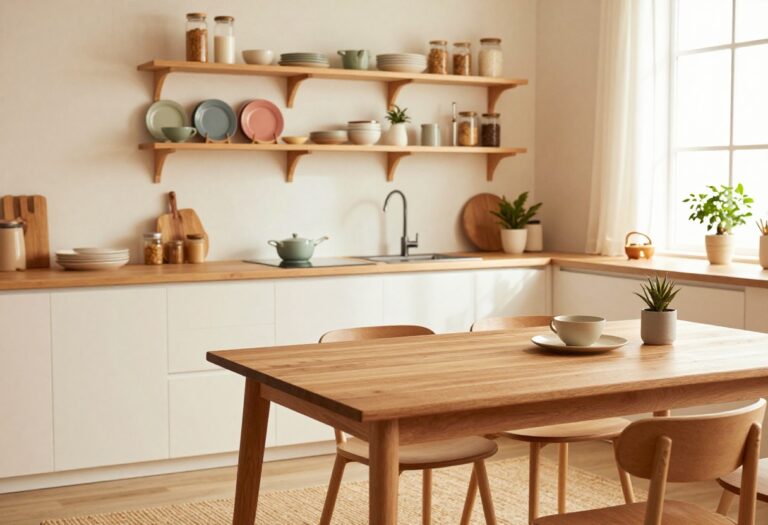 Cozy virtual kitchen with warm lighting, wooden countertops, open shelving, and a plant on the windowsill