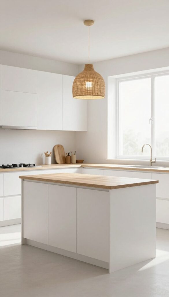 A cozy kitchen with a rattan pendant light hanging over an island, warm glow, natural light.