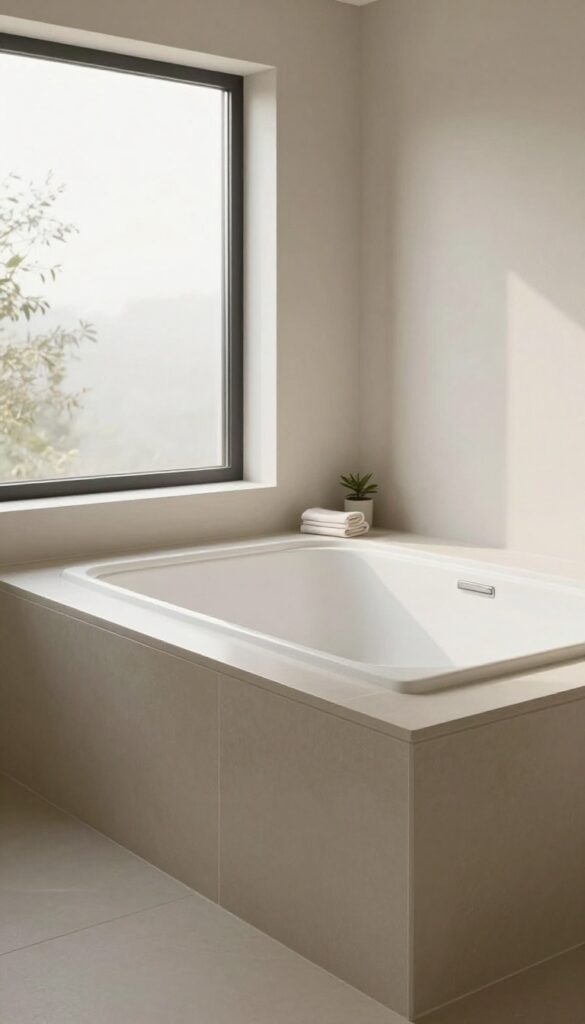 A built-in bathtub with a wide ledge in a bright, clean bathroom, showcasing functional design for relaxation.
