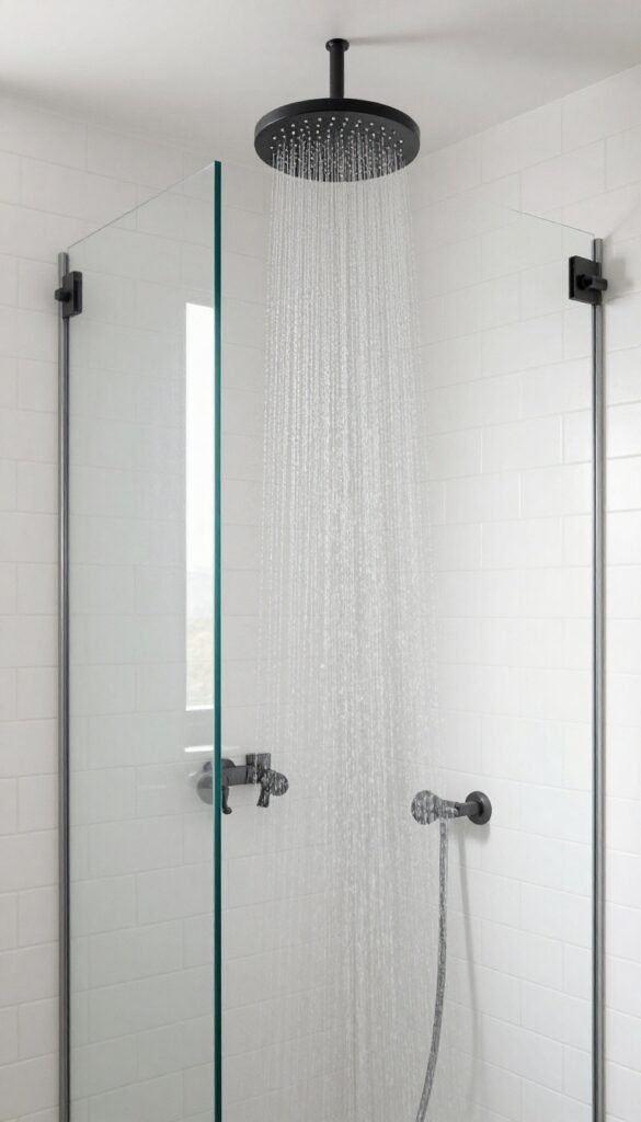 Rainfall showerhead in a bright, modern shower