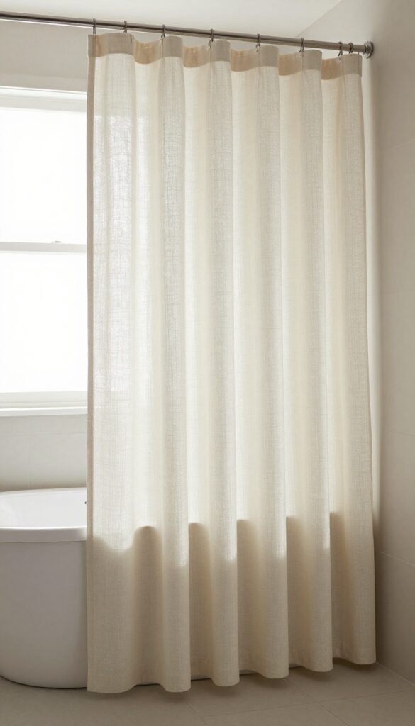 A bathroom with floor-length double shower curtains in natural light, creating a luxe and spacious feel with soft fabric draping to the floor.