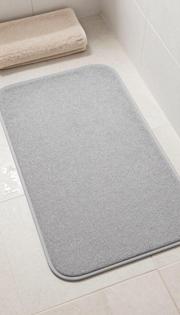 A neutral gray anti-fungal microfiber shower mat in a clean bathroom, showcasing its absorbent texture and practical design for hygiene.
