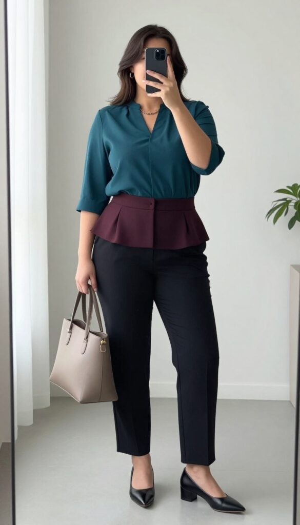 Plus-size woman taking a mirror selfie wearing a structured peplum top and straight-leg trousers with low heels and a structured tote bag, in bright natural light.