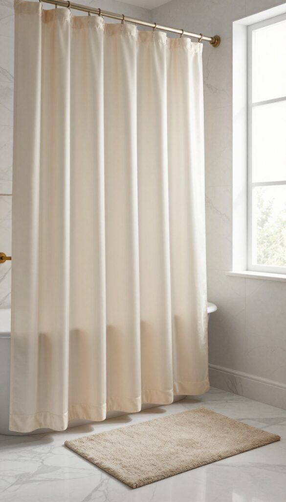Washed silk blend shower curtain in pale champagne, softly draped in a bright bathroom with marble tiles and matte brass fixtures.