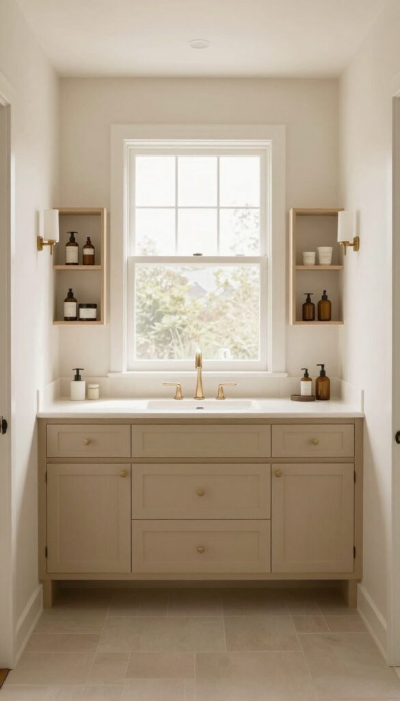 A balanced bathroom layout with a centered vanity and symmetrical storage in bright natural light.