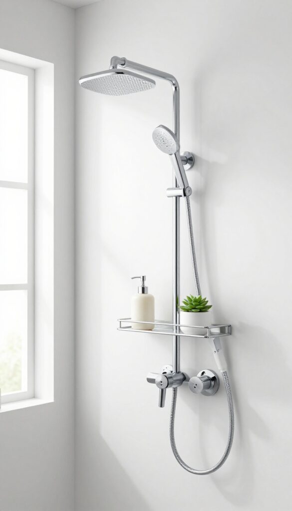 A curved shower curtain rod with an integrated shelf holding essentials like a soap dispenser and plant in a bright, clean bathroom.