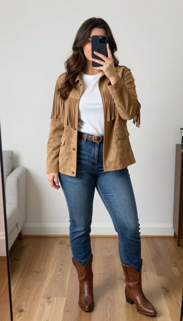 Plus-size woman in tan fringe jacket, white tee, bootcut jeans, and cowboy boots taking a mirror selfie, showcasing a balanced western outfit.