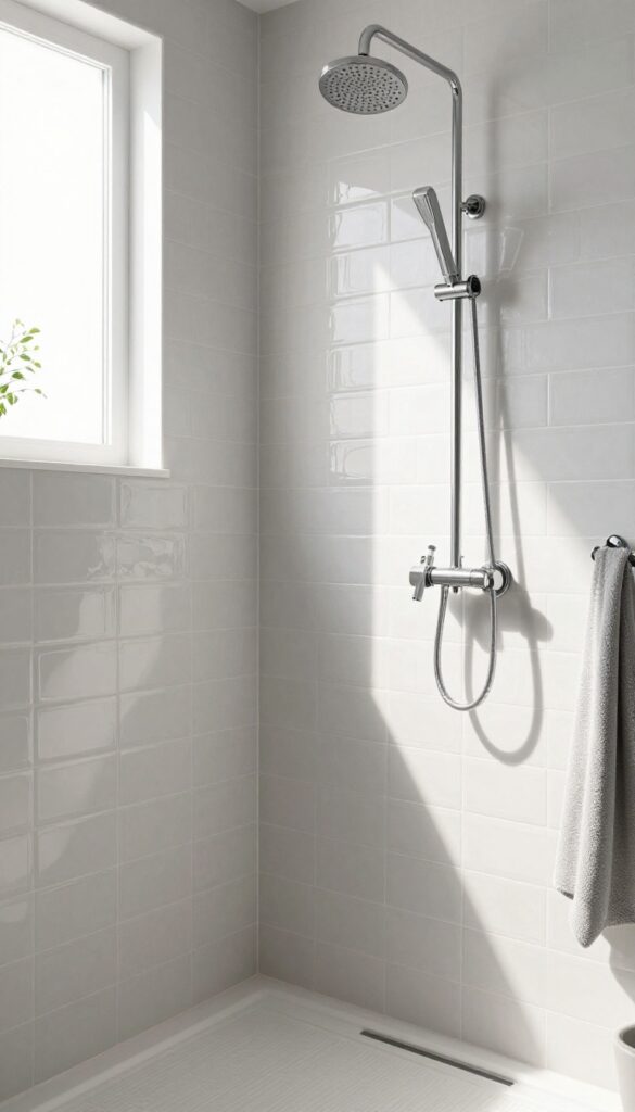 Photorealistic image of a bathroom shower with textured wall tiles in soft colors, featuring natural light and clean design for a tub-to-shower conversion idea.