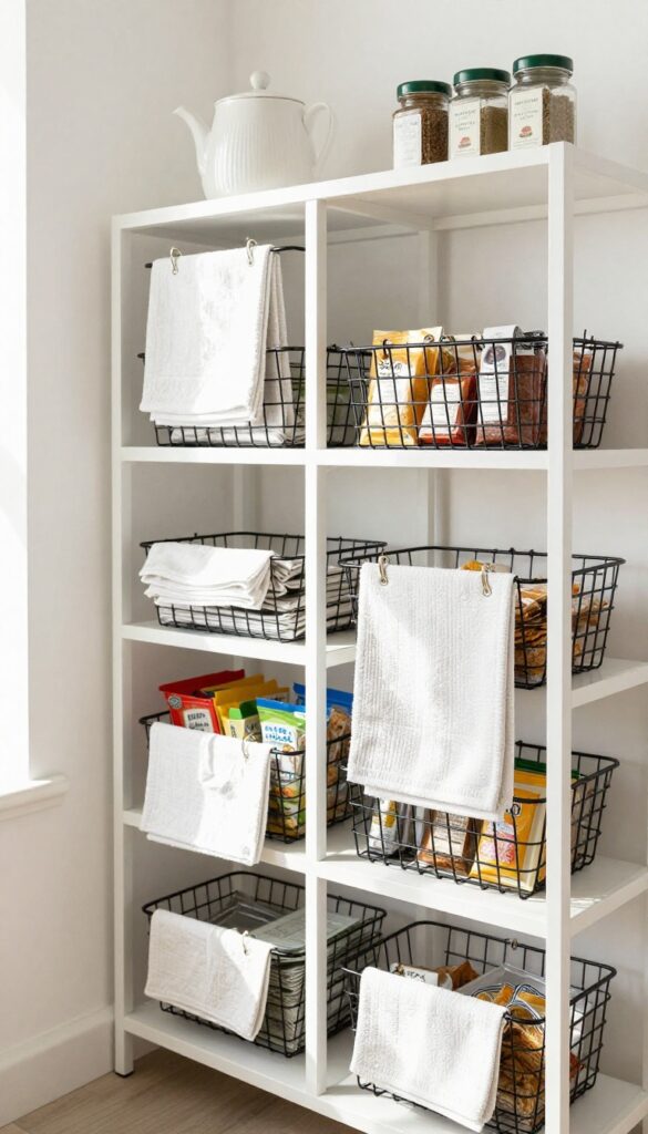 Under-shelf baskets in a kitchen store room holding tea towels, snack packs, and spice jars