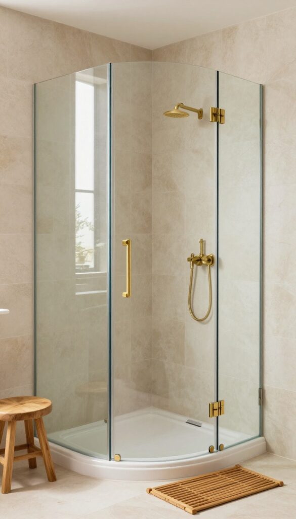 Curved glass shower screen softening a corner in a bright, cozy bathroom with warm tiles and natural textures.