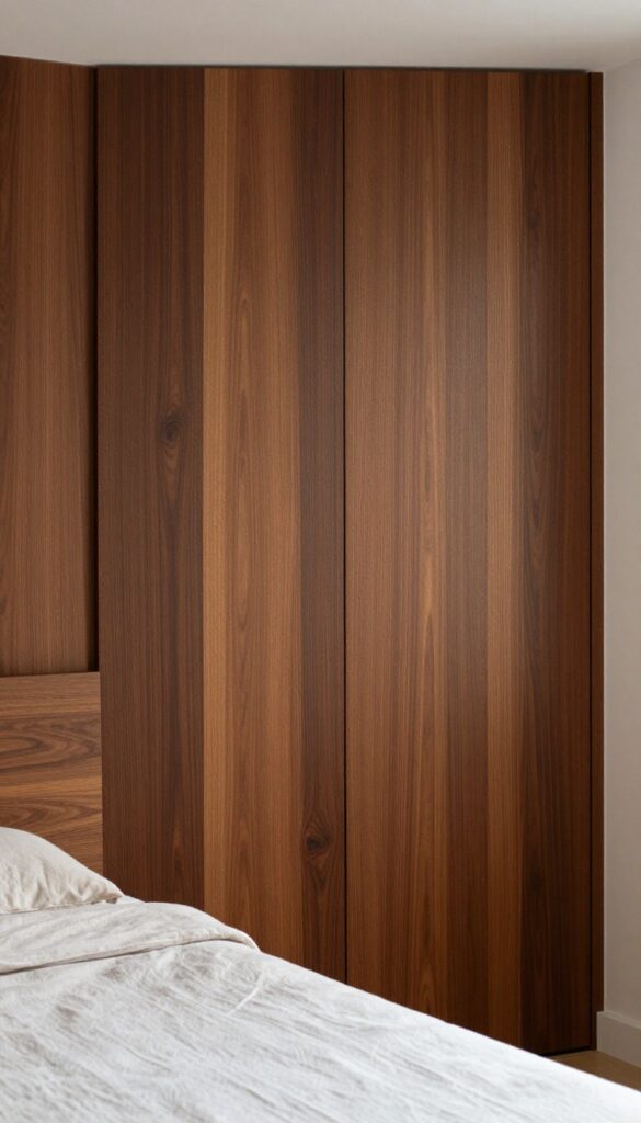 Dark brown wood wall panels in a cozy bedroom for home decor inspiration