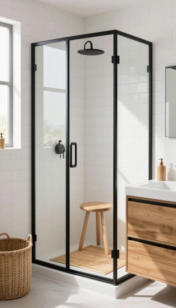 Black-framed glass shower door with white tile and warm wood accents in a bright bathroom
