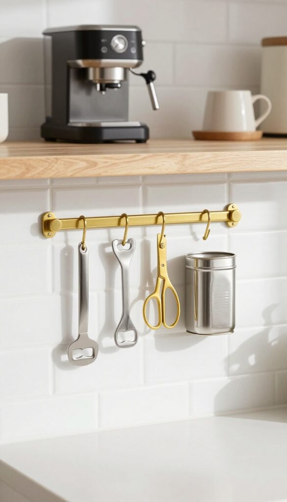 A magnetic strip on a kitchen backsplash holding metal coffee accessories like scissors and a bottle opener.