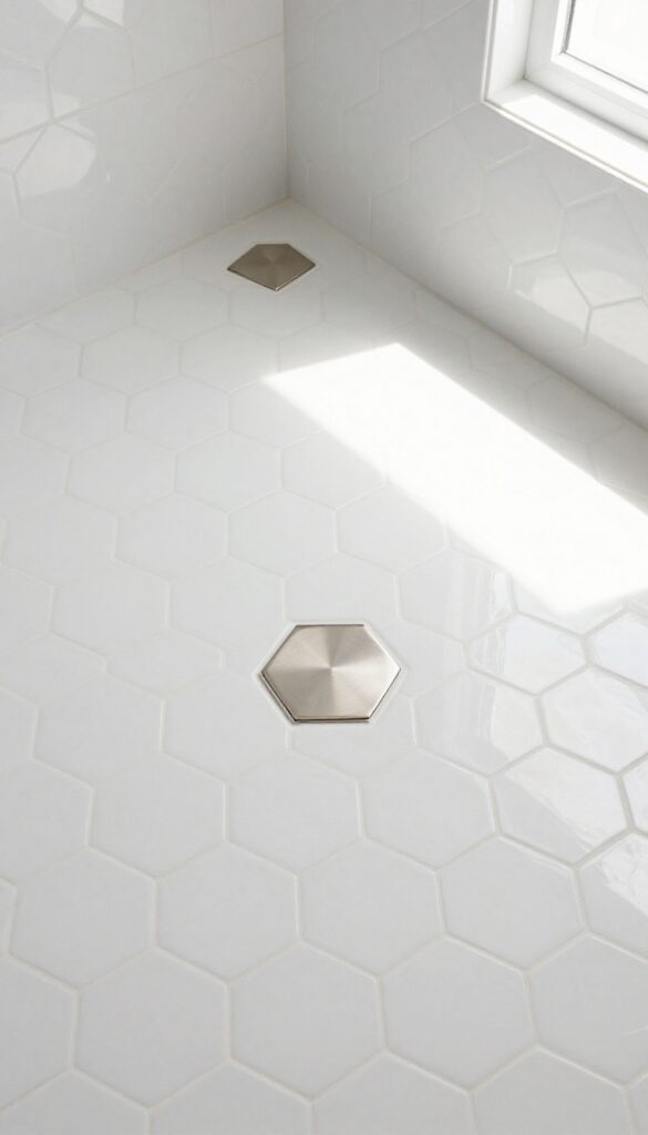 Hexagonal drain cover matching white hexagon floor tiles in a modern bathroom