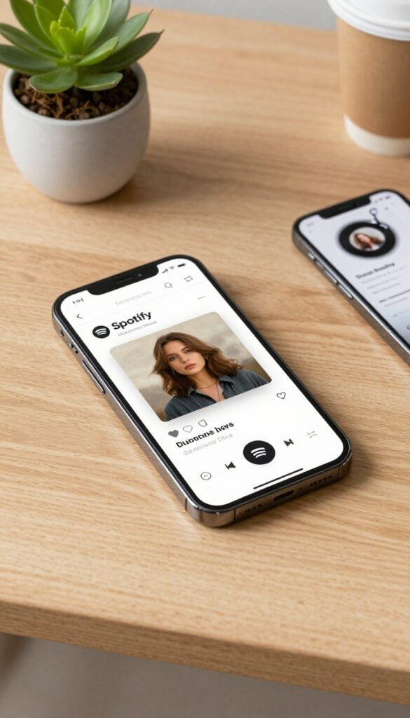 A personalized Spotify plaque on a desk with a smartphone showing the song playing, surrounded by a plant and coffee cup.