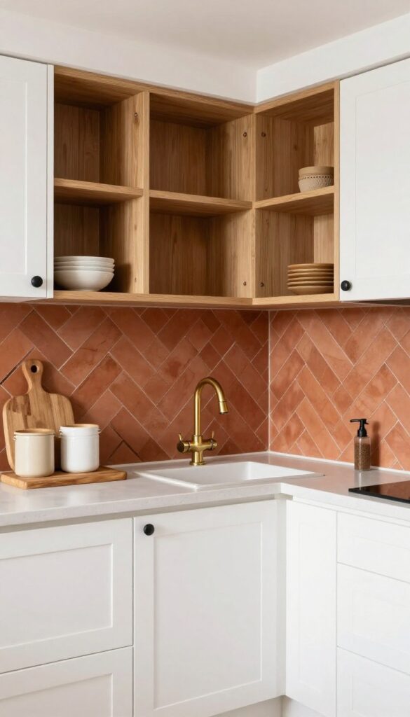 Kitchen with terracotta herringbone backsplash tiles, white cabinets, and brass fixtures