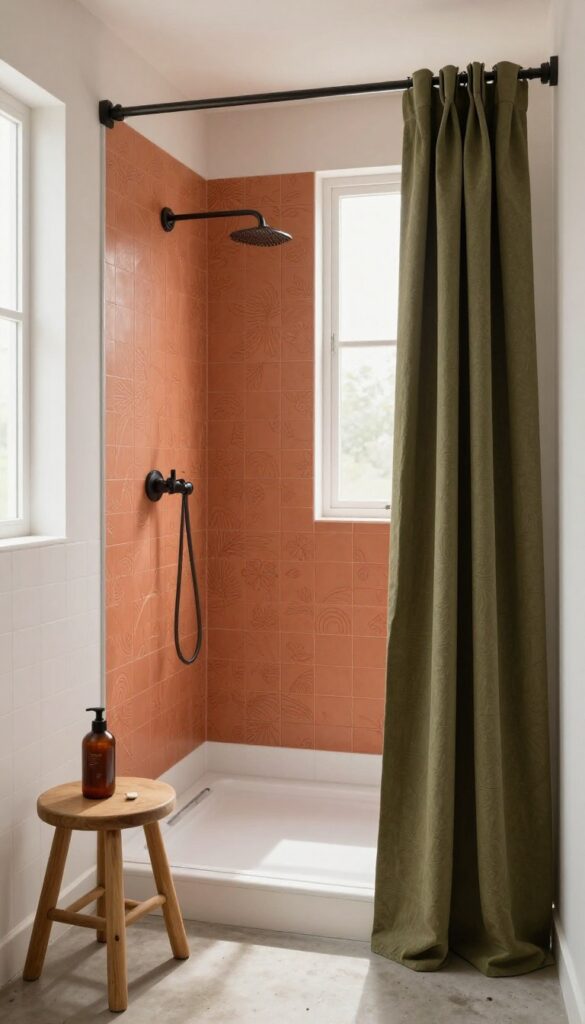 Small bathroom with bold terracotta and olive shower curtain as focal point, natural light, white tiles