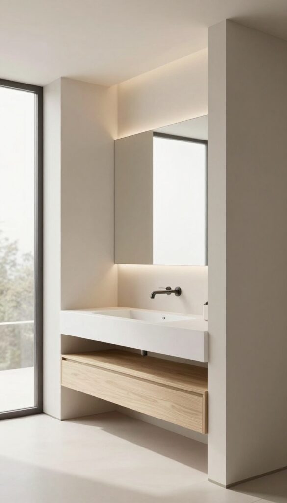A photorealistic image of a bathroom featuring a floating vanity attached to a half wall divider in bright natural light.