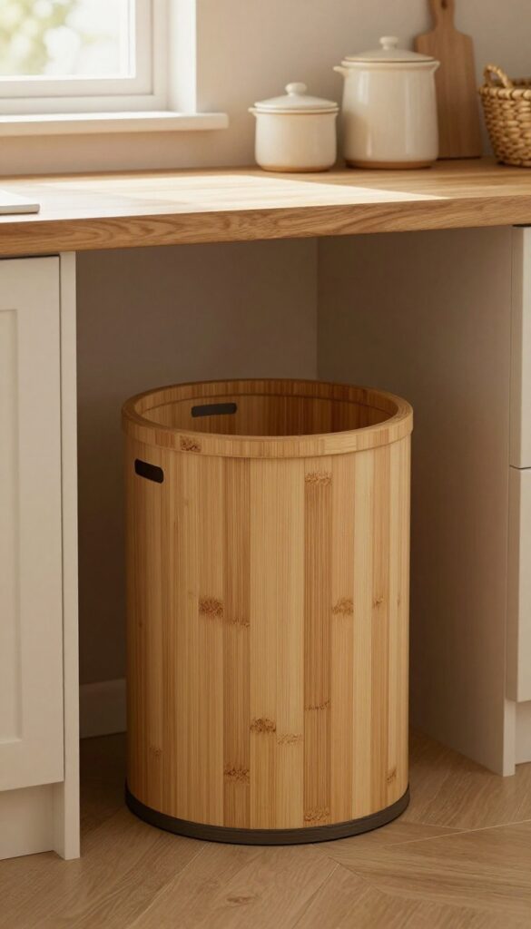 Bamboo or wooden kitchen trash can with natural finish, placed beside butcher block counter in bright, warm kitchen