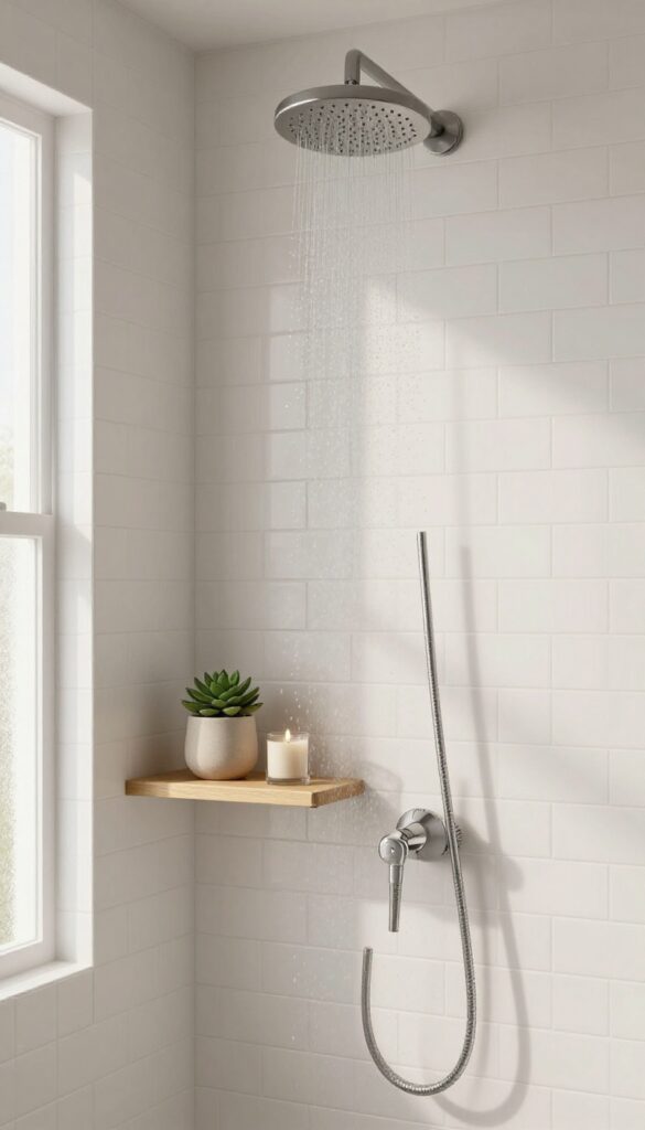 Small bathroom shower with a single floating wood shelf above the showerhead holding a succulent and candle.