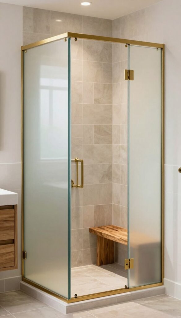 Frosted glass shower door with bronze frame in a cozy bathroom with wood accents and earthy tiles