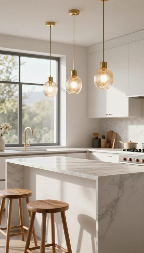 Three brass pendant lights hung at staggered heights above a kitchen island with marble countertop and wooden stools.
