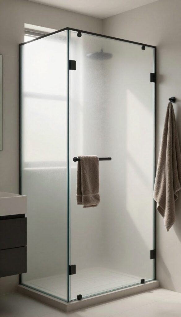 A modern bathroom with a glass shower door showing frosted stripes, diffusing natural light for privacy and visual interest