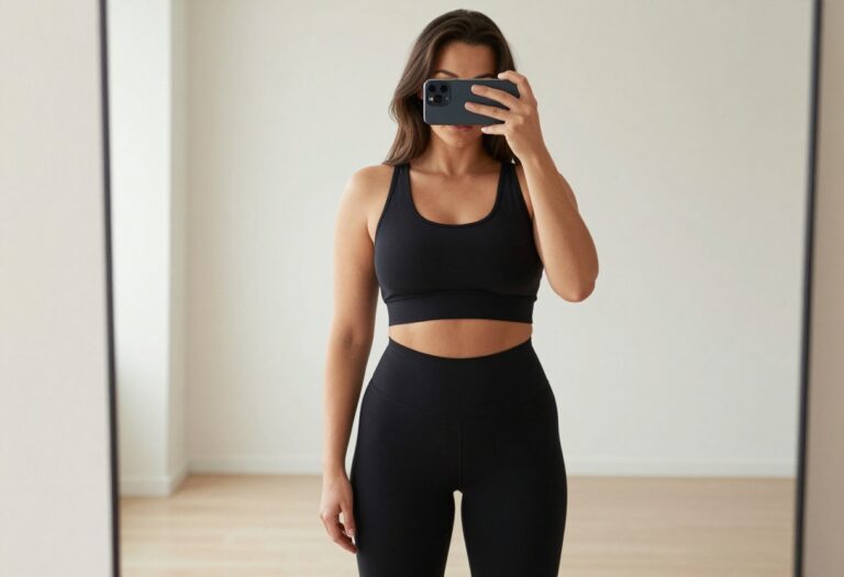 Plus-size woman in high-waisted leggings and cropped tank taking a mirror selfie, showcasing a streamlined workout outfit with confident posture.